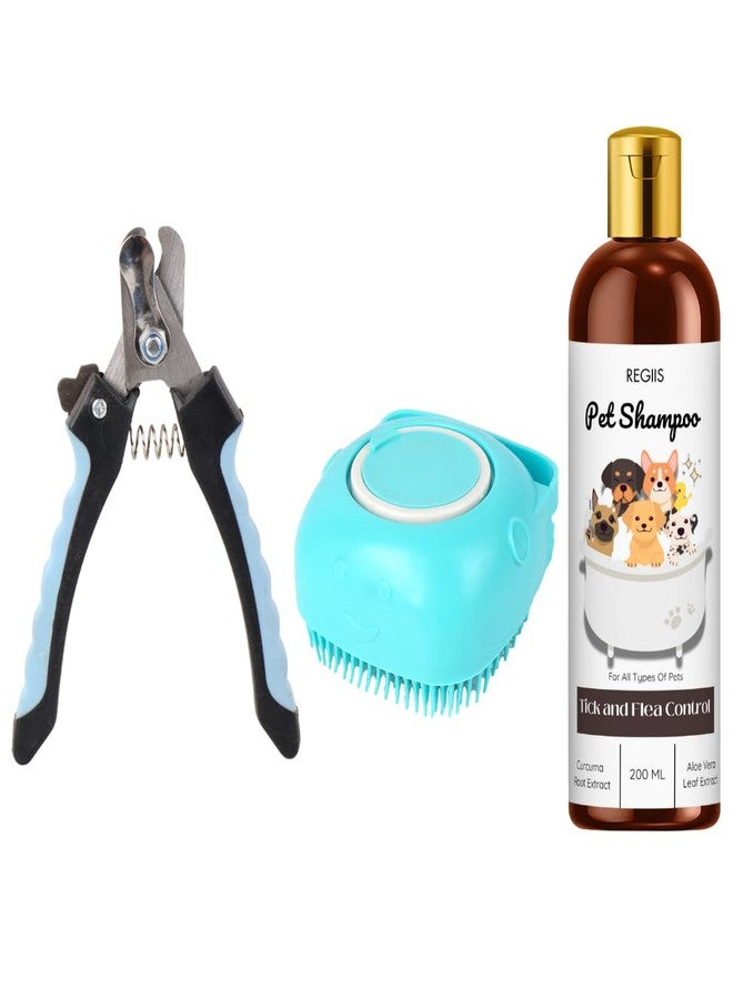 مجموعة العناية بالحيوانات الأليفة، طقم من 3 قطع مع شامبو لمكافحة القراد والبراغيث 200 مل، وفرشاة تدليك سيليكون، ومقص أظافر احترافي للكلاب - Image 1